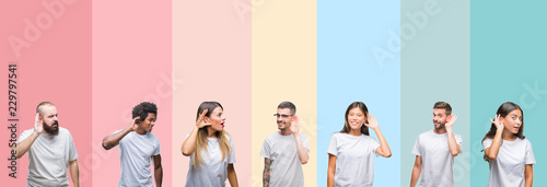 Fotomural Collage of different ethnics young people wearing white t-shirt over colorful isolated background smiling with hand over ear listening an hearing to rumor or gossip