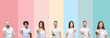 Collage of different ethnics young people wearing white t-shirt over colorful isolated background smiling friendly offering handshake as greeting and welcoming. Successful business.