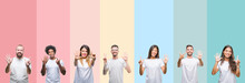 Collage Of Different Ethnics Young People Wearing White T-shirt Over Colorful Isolated Background Showing And Pointing Up With Fingers Number Seven While Smiling Confident And Happy.