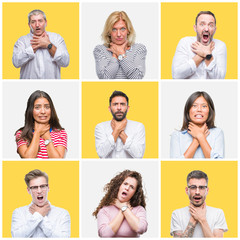 Poster - Collage of group of young and senior people over yellow isolated background shouting and suffocate because painful strangle. Health problem. Asphyxiate and suicide concept.