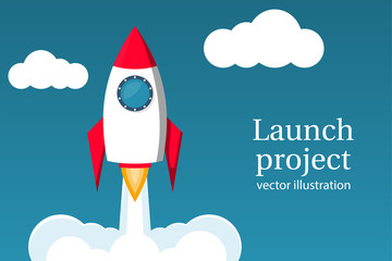 Startup working enterprise. Launch project. Business concept. Vector illustration cartoon flat design. Isolated on white background. Rocket of launch metaphor.