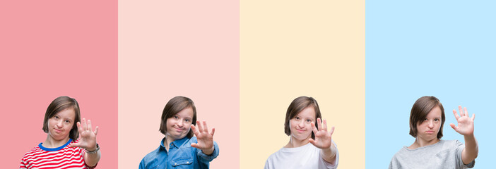 Sticker - Collage of down syndrome woman over colorful stripes isolated background doing stop sing with palm of the hand. Warning expression with negative and serious gesture on the face.