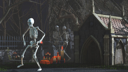 3D rendering of skeletons dancing in a cemetery at night. Funny halloween background.