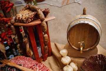 Wall Mural - Catering banquet table with different food snacks and appetizers