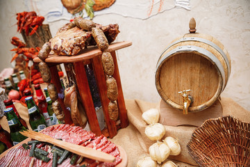 Wall Mural - Catering banquet table with different food snacks and appetizers