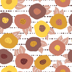 Wall Mural - Fall doodle flowers seamless vector repeat pattern. Yellow, orange, gold, and red abstract florals on striped background. Scandinavian style. Fall colors. Digital paper, fabric, scrap booking, banners