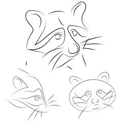 Canvas Print - Set of vector illustration. Stylized raccoon's faces. Hand drawn linear sketch.  Black silhouette on white background.