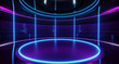 Modern Alien Futuristic Sci Fi Retro Round Empty Stage Hi-Tech Room With Purple And Blue Neon Light Tubes Glowing Presenting Concept Technology 3D Rendering