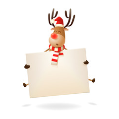 Merry Christmas and happy New Year greeting - Reindeer jumping with board