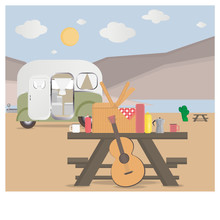 Cartoon Outdoor Camping Illustration In Desert
