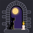© PollyW - Castle window with black cat and candle , night landscape , full moon horror helloween background . Retro old fashioned games desing for web and print .Cute cartoon illustration