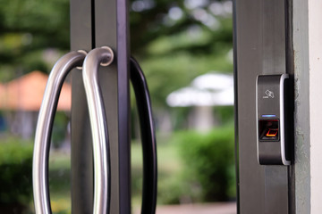 Aufkleber - Finger print and keycard scan electronic security system. Security, Door access control, Validation, cybersecurity and fingerprint password, Future Technology. Business Safety Concept.