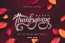 Thanksgiving Day Banner Background. Celebration Quotation For Card.vector Illustration.Autumn Season Calligraphy Of "Thanksgiving".
