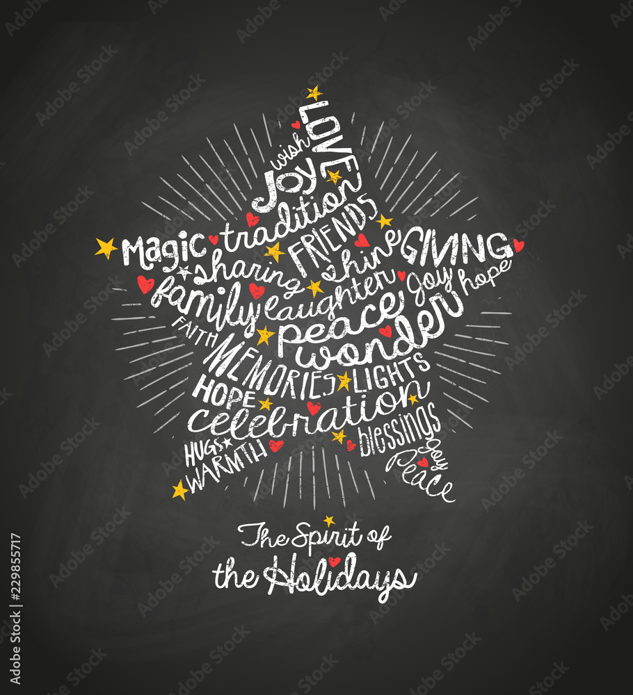 Holiday greeting card with inspiring handwritten words in star shape ...