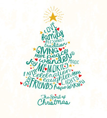 holiday greeting card with inspiring handwritten words in christmas tree shape. word cloud design.