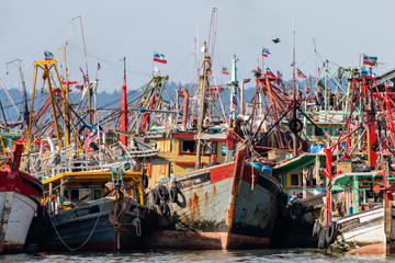 A fleet of fishing boats moored at port in Asia