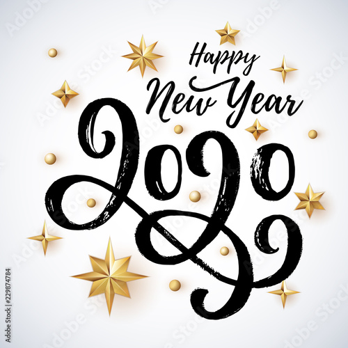 2020 hand written lettering with golden Christmas stars on a white background. Happy New Year ...