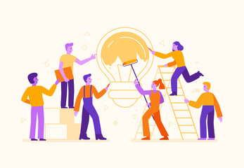Poster - Vector illustration in flat simple style with characters - cartoon people working on creative idea
