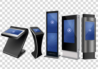 Five Promotional Interactive Information Kiosk, Advertising Display, Terminal Stand, Touch Screen Display isolated on transparent background. Mock Up Template.