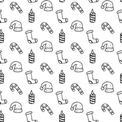 Wall Mural - Seamless pattern hand drawn christmas hat, boot, candy, candle. Doodle black sketch. Sign symbol. Decoration element. Isolated on white background. Flat design. Vector illustration