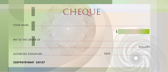 Wall Mural - Check template, Chequebook template. Blank green business bank cheque with guilloche pattern rosette and abstract watermark. Background for voucher, banknote design, , gift certificate, ticket, coupon