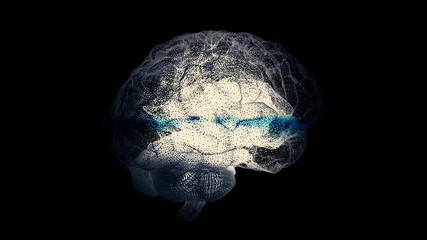 Poster - 3d render xray style image of human brain rotating. Human brain being formed by revolving particles. Brain connect digital lines, expanding artificial intelligence. X-ray flare Brain, biology