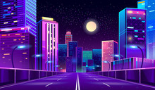 Vector Concept Background With Night City Illuminated With Neon Glowing Lights. Futuristic Cityscape In Blue And Violet Colors, Panorama With Modern Buildings And Skyscrapers, Highway