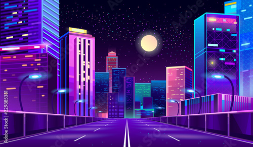 Fotomural Vector concept background with night city illuminated with neon glowing lights