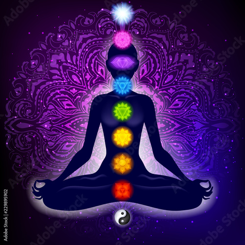 Photographie  Meditating woman in lotus pose. Yoga illustration.