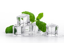 Fresh Mint And Ice Cubes On White Background