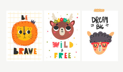 Set of three cards with animal faces. Colored vector set. Every illustration is isolated