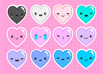 Wall Mural - Kawaii hearts with various emotions. Colored vector sticker set. All elements are isolated