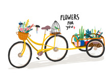 Flowers For You. Hand Drawn Retro Bicycle With Flowers. Colored Vector Illustration