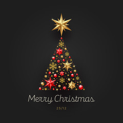 Christmas greeting illustration. Abstract christmas tree made from stars, ruby gems, golden snowflakes, beads and glitter gold.