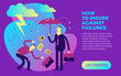 Flat design illustration for presentation, web, landing page: one businessman is insured - he is under an umbrella, the second businessman - in the rain and lightning