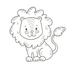 Wall Mural - Cute cartoon lion. Coloring book page for children. Black and white outline illustration.