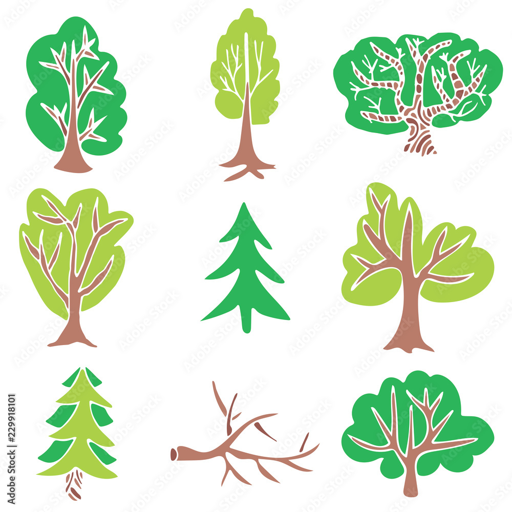 Hand drawn tree collection. Set of green trees silhouettes isolated on ...