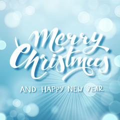Wall Mural - blue merry christmas text, hand drawn lettering. holiday greetings quote. blue blurred background wi