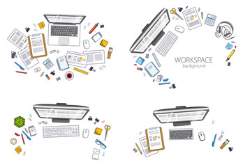 Fototapete - Office employee or entrepreneur work desks workplaces with PC and laptops and diverse stationery objects for work and analytics papers, top view. All elements are easy to use separately. Vector set.
