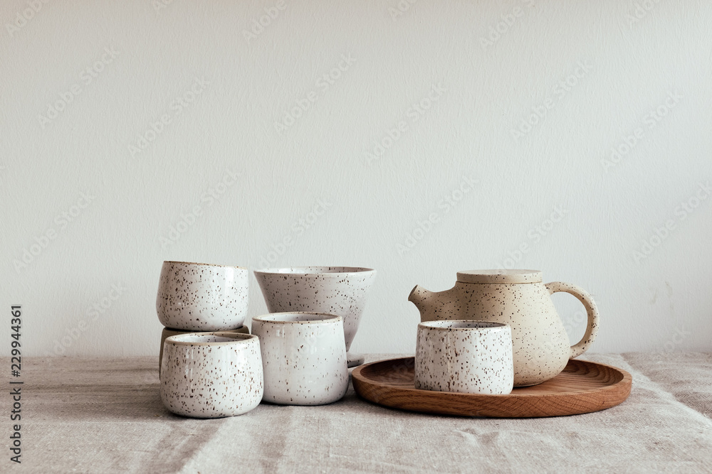 Handmade pottery tea set - obrazy, fototapety, plakaty 