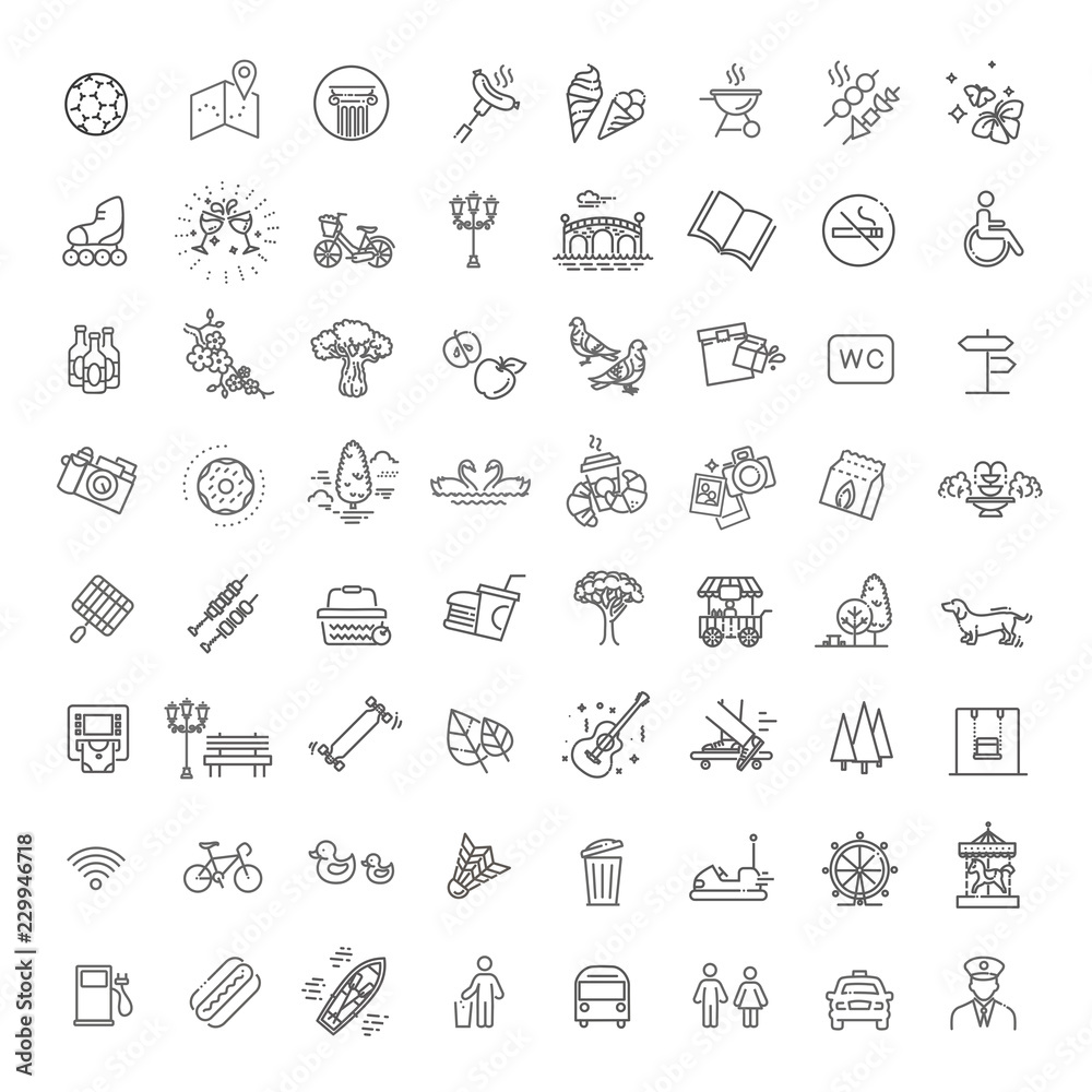 City park icons set. The open plot of land for recreation Stock Vector ...