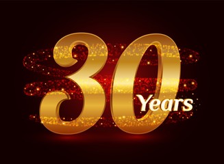 Wall Mural - 30 years golden anniversary 3d logo celebration with glittering spiral star dust trail sparkling particles. Thirty years anniversary modern design elements. Vector Illustration.