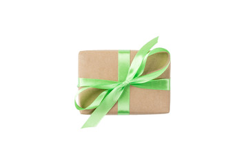 gift box with green ribbon isolated on white background. holiday concept you you design. top view