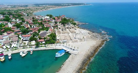 Wall Mural - Aerial copter flight to old historic Antique Theater in Side, Turkey. Aerial view city of Side, Antalya.