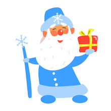 Father Frost With A Present, Flat Vector