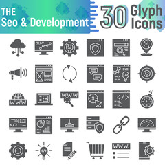 Fototapete - SEO and development glyph icon set, optimization symbols collection, vector sketches, logo illustrations, technology signs solid pictograms package isolated on white background.
