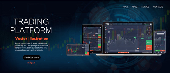 Wall Mural - Web Site Screen template. Forex market, news and analysis. Binary option. Application screen for trading. Candles and indicators. HUD UI for business app. Futuristic virtual user interface. Data chart