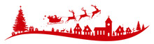 Christmas Border With Sleigh Flying Over A Town