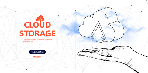 Aufkleber - Cloud technology. Polygonal wireframe mesh background with a hand, holding a 3D cloud storage. big data, Polygonal elements.  Concept illustration or background. Vector