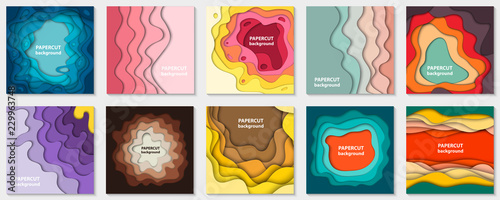 Fotomural Vector collection of 10 backgrounds with colorful paper cut shapes